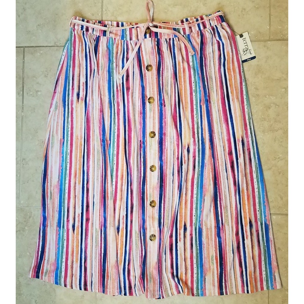 Terra Sky Women Button Front Maxi Skirt Color Stripe Print Plus 0X(14W)